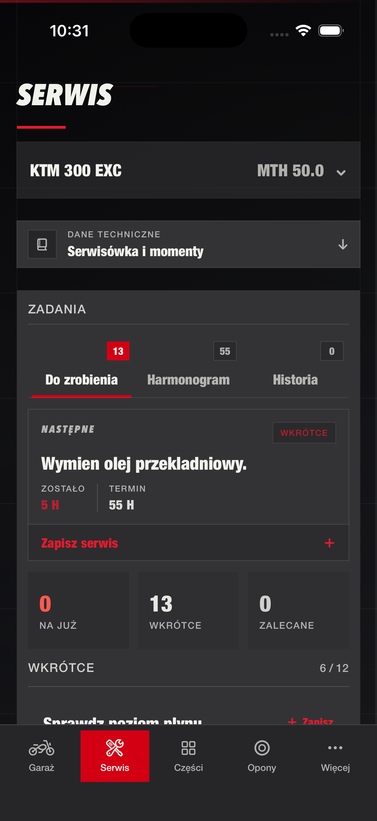 Ekran Service w aplikacji RUTT z kolejką zadań obsługowych