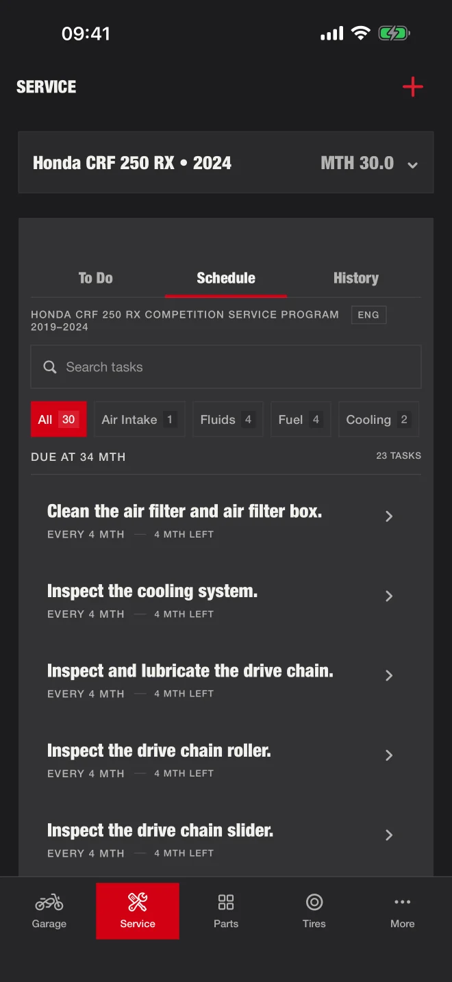 Motorcycle maintenance tasks and schedule