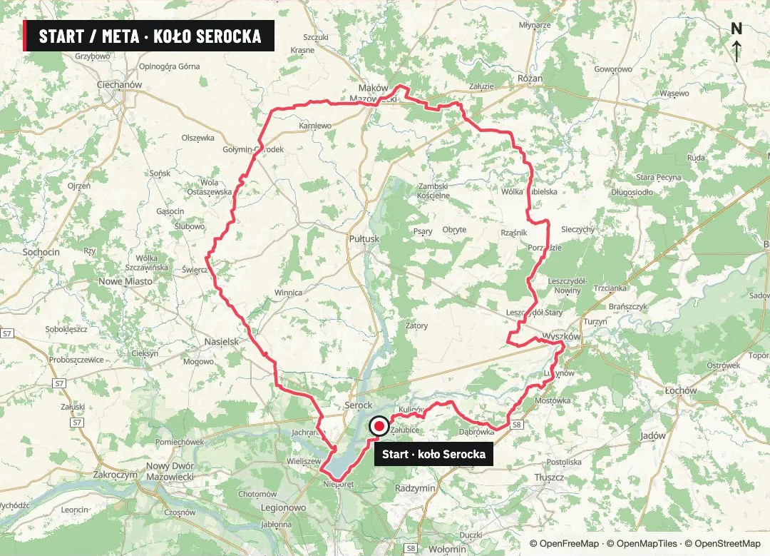 Mapa trasy GPX adventure: Mazowsze · Serock–Pułtusk, 195,9 km, start i meta